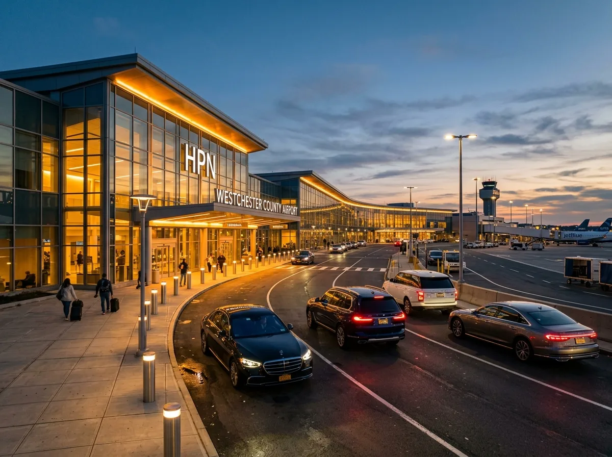 Westchester County Airport HPN terminal exterior at dusk, modern glass facade, amber lighting, premium vehicles in foreground, cinematic wide angle