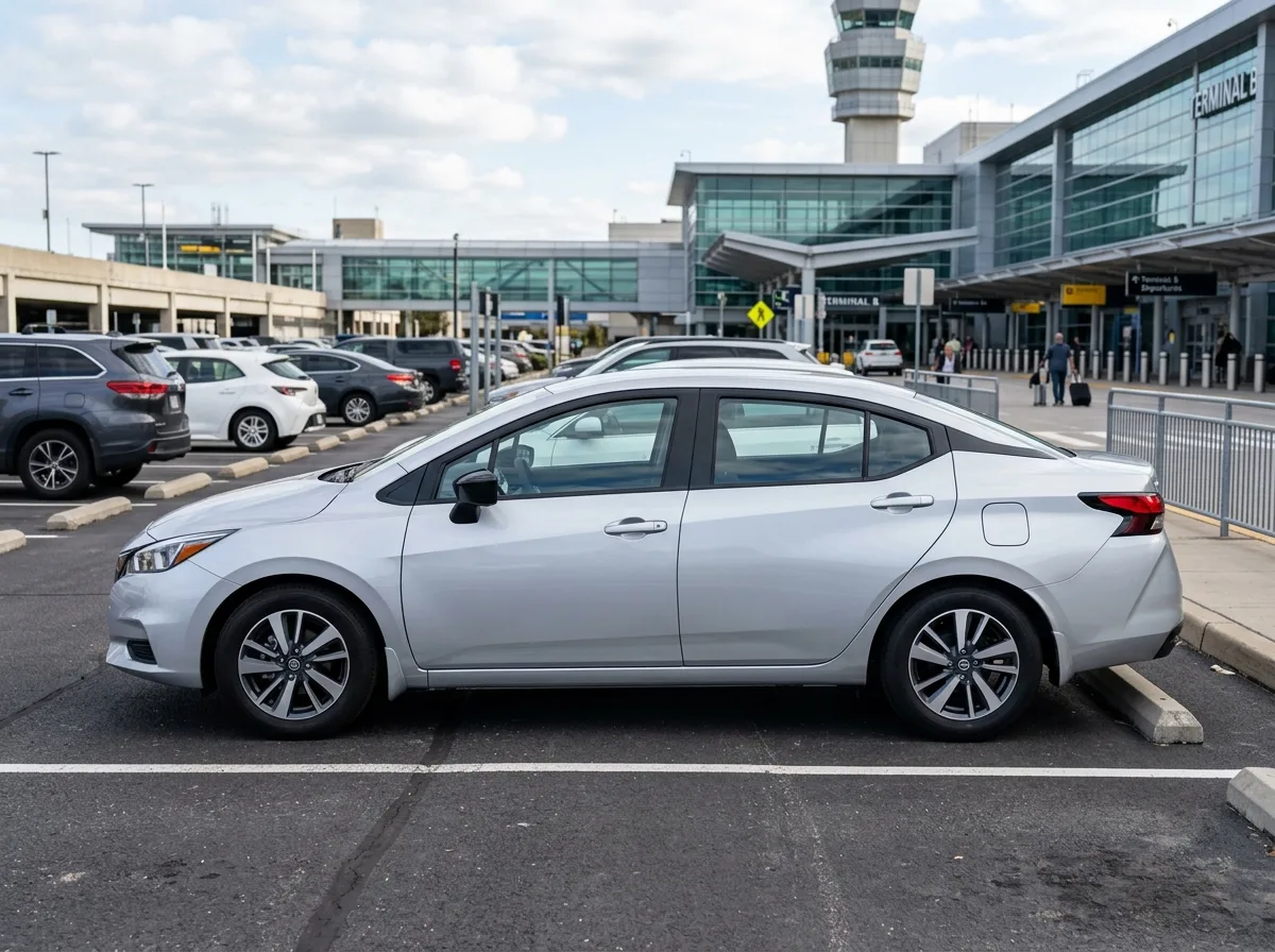 Nissan Versa compact sedan, silver, airport parking lot, modern clean side profile view