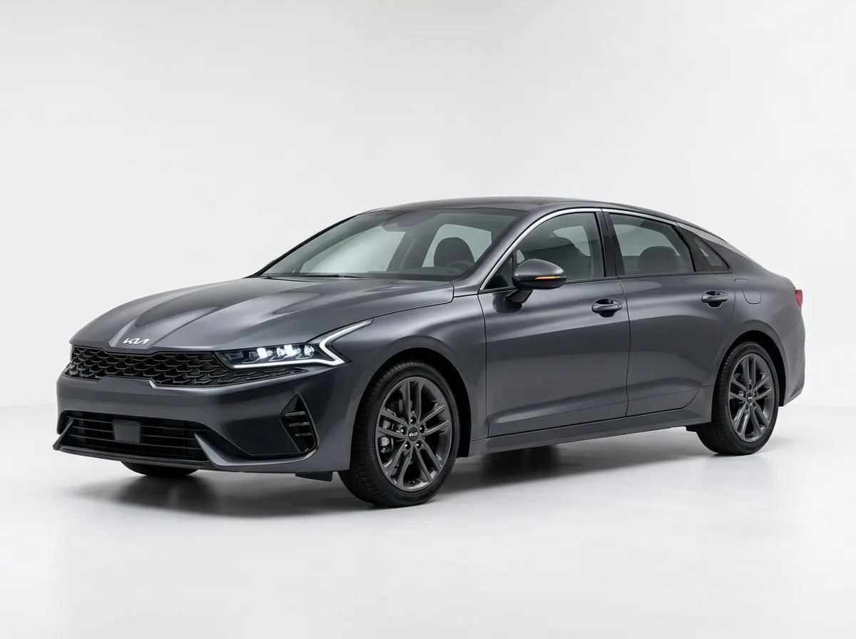 Kia K4 intermediate sedan, dark gray metallic, clean modern lines, three-quarter front view on white background