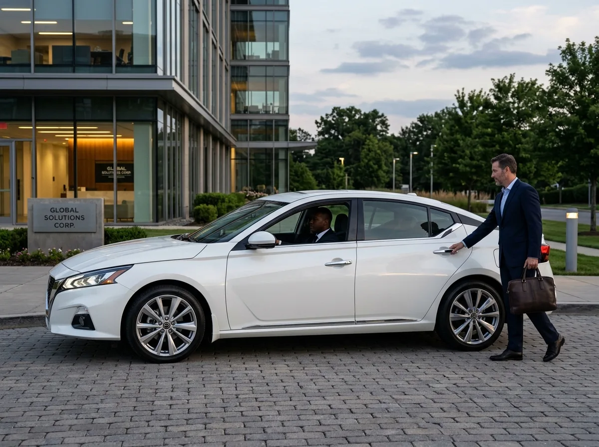 Nissan Altima full-size sedan, pearl white, corporate travel, elegant professional vehicle side view