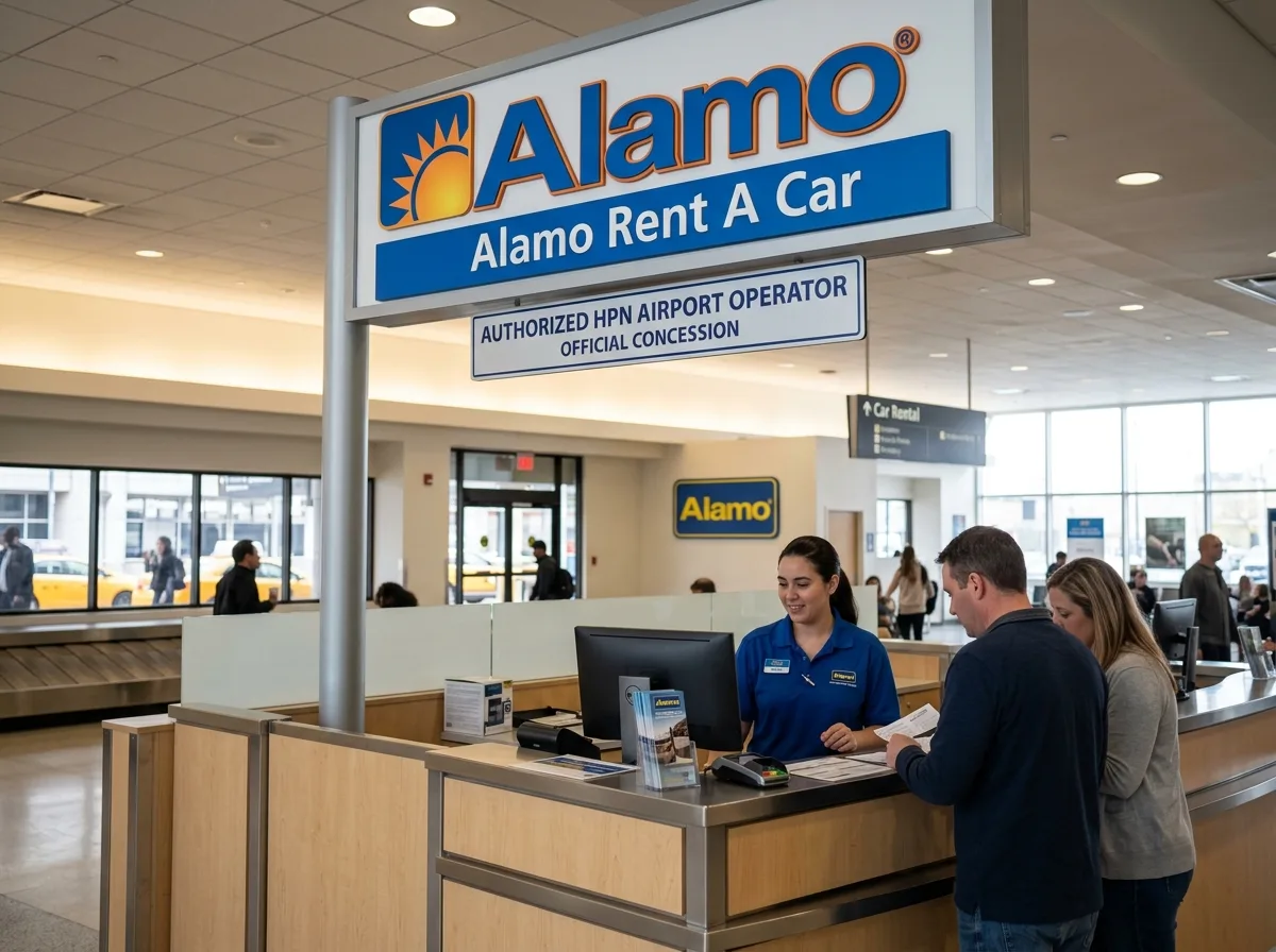 Alamo car rental brand logo, authorized HPN airport operator, official concession