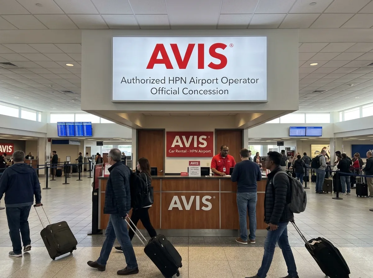 Avis car rental brand logo, authorized HPN airport operator, official concession