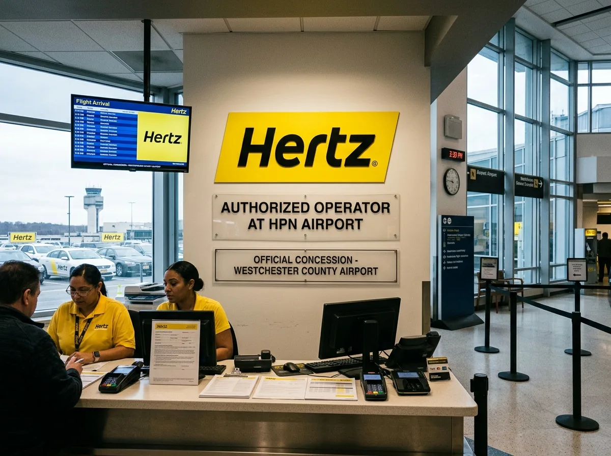Hertz car rental brand logo, authorized HPN airport operator, official concession