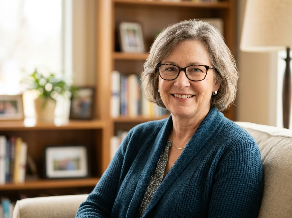 Professional headshot of Diane Watkins, 60s white woman, reading glasses, approachable demeanor, casual background